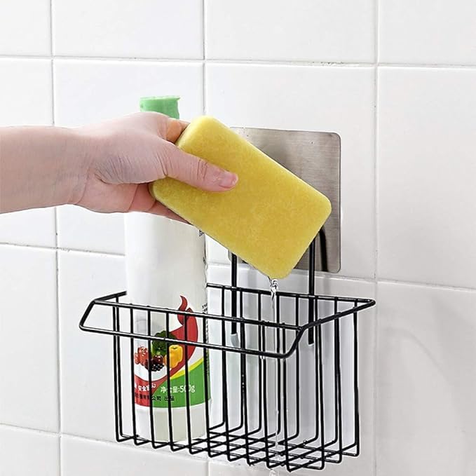 GETZET Sink Sponge Holder and Multipurpose Bathroom Organizer Rack, Kitchen Brush Soap Dish-Washing Liquid, Towel,Shampoo,Cosmetic Bottle Stand Wall Hanging Bathroom Shower Caddy Basket Shelf (Black) - Image 1