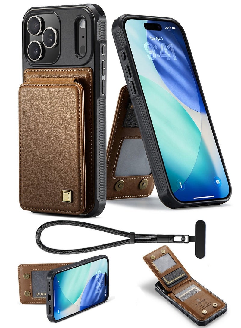 جراب محفظة Updown لهاتف iPhone 17 Pro Max بتصميم قابل للطي، يضم حامل بطاقات، وحزام معصم مانع للسقوط، ومسند، وتقنية حجب RFID؛ غطاء حماية مقاوم للصدمات مصنوع من جلد البولي يوريثان (PU) الفاخر - لون بني. - Image 1