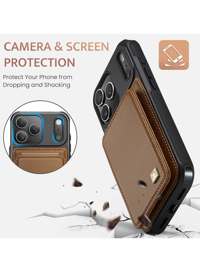 جراب محفظة Updown لهاتف iPhone 17 Pro Max بتصميم قابل للطي، يضم حامل بطاقات، وحزام معصم مانع للسقوط، ومسند، وتقنية حجب RFID؛ غطاء حماية مقاوم للصدمات مصنوع من جلد البولي يوريثان (PU) الفاخر - لون بني. - Image 5