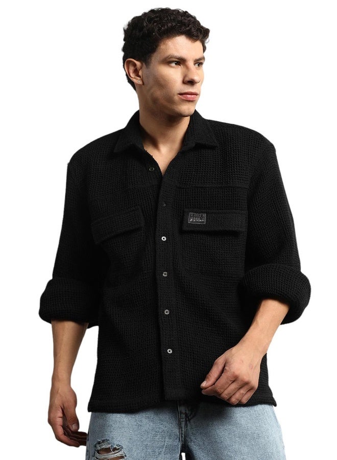 Hubberholme Men's Black Cotton Blend Solid Pattern Button Down Oversized Shirt - Image 1