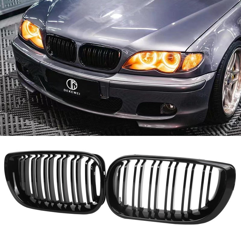 DEKEWEI E46 Grille Front Kidney Grill Compatible with BMW 3 Series 20022005 E46 4Door 320i 325i 325xi 330i 330xi Double Slats Gloss Black Grill