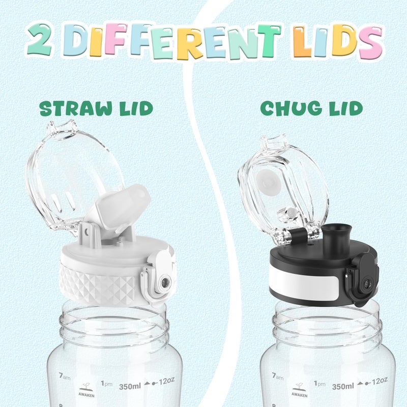 OLDLEY Kids Water Bottle for School, 12 oz (2 lids) BPA-Free Reusable Leak-Proof Durable Tritan Plastic Water Bottles with Straw & Chug Lids, Anti-dust Spout Cover (Clear) - Image 4
