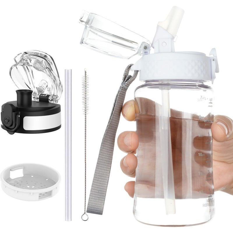 OLDLEY Kids Water Bottle for School, 12 oz (2 lids) BPA-Free Reusable Leak-Proof Durable Tritan Plastic Water Bottles with Straw & Chug Lids, Anti-dust Spout Cover (Clear) - Image 1