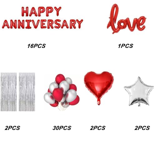 SOI Anniversary Decoration Items Kit - 53Pcs Happy Anniversary Balloons | Anniversary Balloons for Decoration | Happy Anniversary Decoration | Red & Silver Happy Anniversary Foil Balloons - Image 2