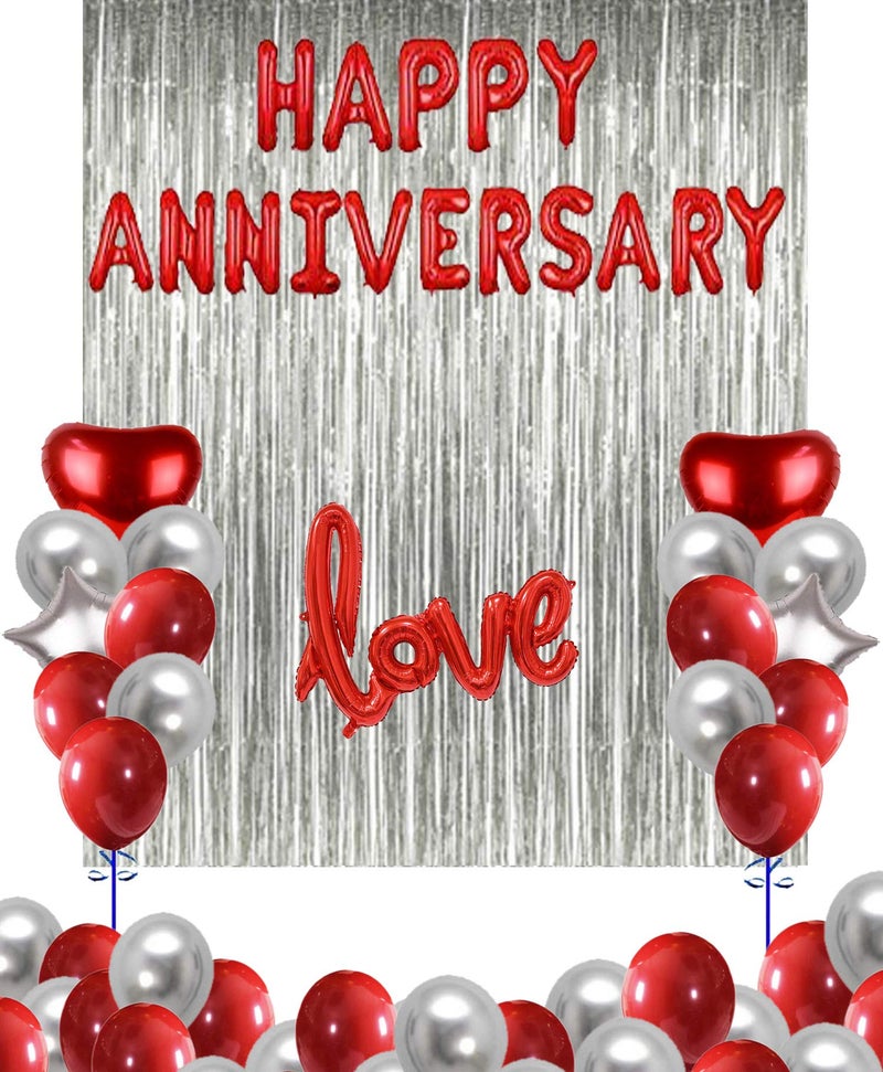 SOI Anniversary Decoration Items Kit - 53Pcs Happy Anniversary Balloons | Anniversary Balloons for Decoration | Happy Anniversary Decoration | Red & Silver Happy Anniversary Foil Balloons - Image 1