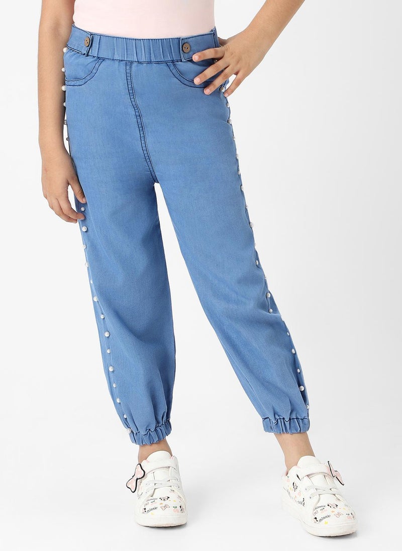 Nautinati Girls Cotton Denim Jogger Jeans with Pearl Sequins - Image 1