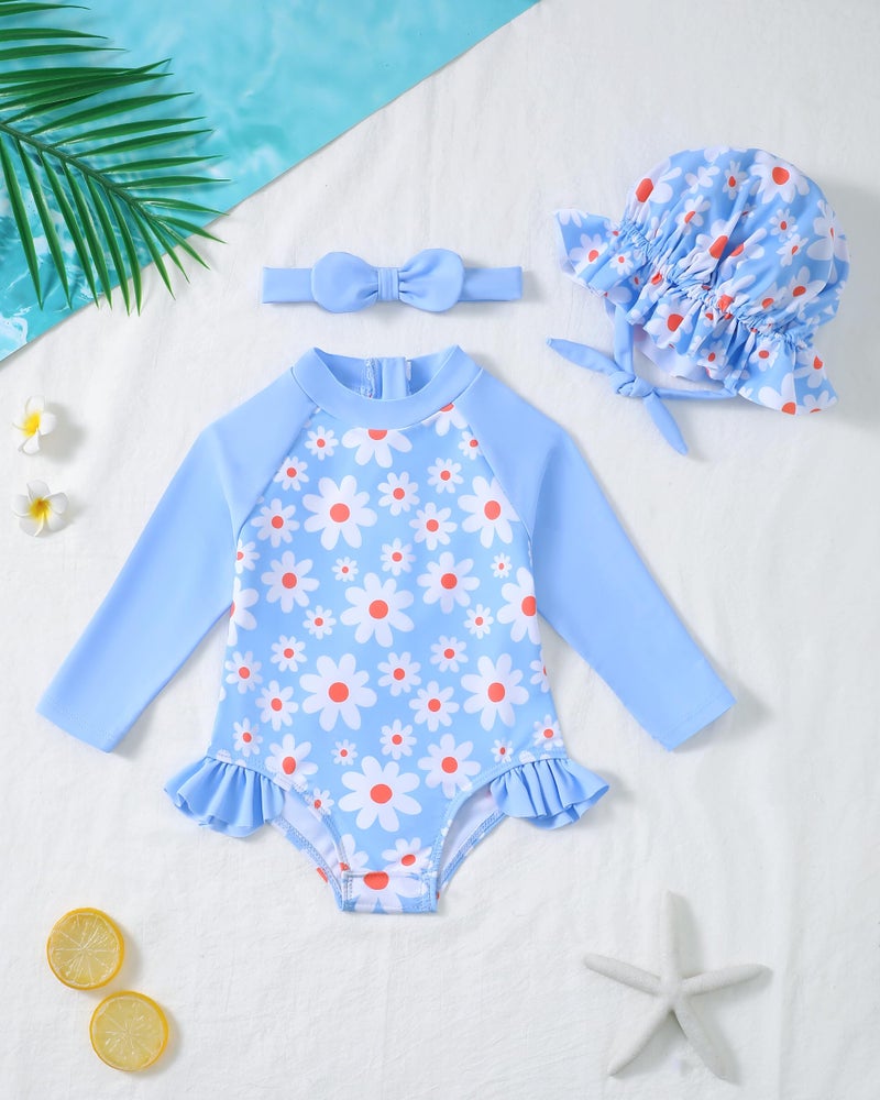 SODLON Baby Girl Swimsuit 6-9 Months 9-12 Month Girls Long Sleeve Bathing Suit Ruffle Rash Guard Light Blue Daisy One-Piece Infant Bathing Suit Beach Gifts Swimwear with Hat & Headband - Image 2