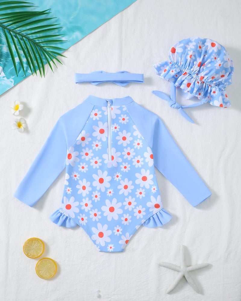SODLON Baby Girl Swimsuit 6-9 Months 9-12 Month Girls Long Sleeve Bathing Suit Ruffle Rash Guard Light Blue Daisy One-Piece Infant Bathing Suit Beach Gifts Swimwear with Hat & Headband - Image 4
