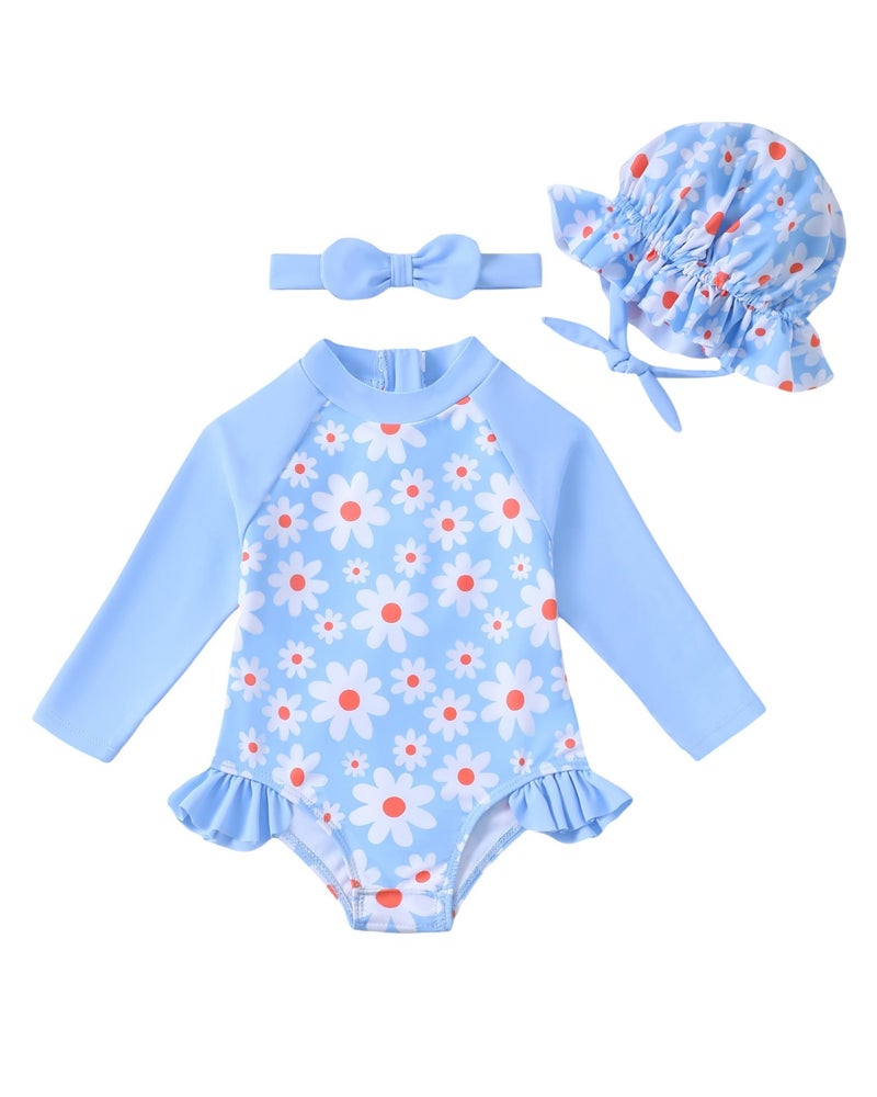 SODLON Baby Girl Swimsuit 6-9 Months 9-12 Month Girls Long Sleeve Bathing Suit Ruffle Rash Guard Light Blue Daisy One-Piece Infant Bathing Suit Beach Gifts Swimwear with Hat & Headband - Image 1