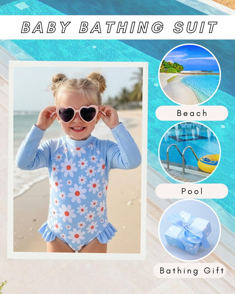 SODLON Baby Girl Swimsuit 6-9 Months 9-12 Month Girls Long Sleeve Bathing Suit Ruffle Rash Guard Light Blue Daisy One-Piece Infant Bathing Suit Beach Gifts Swimwear with Hat & Headband - Image 3
