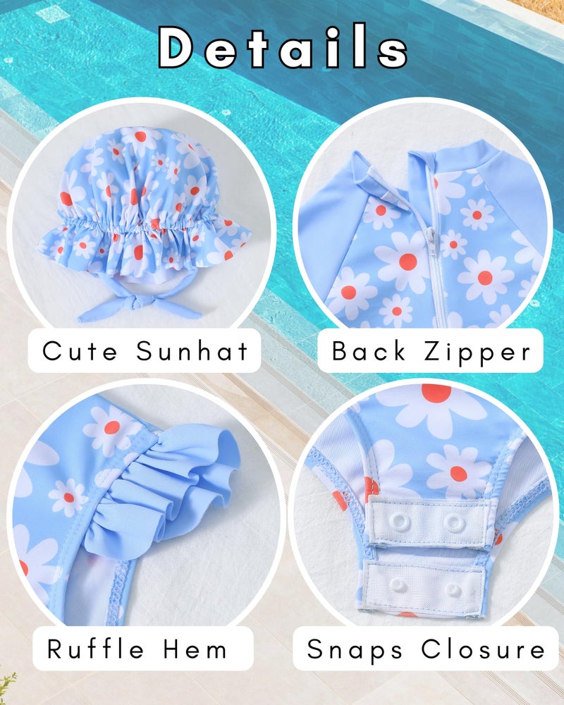 SODLON Baby Girl Swimsuit 6-9 Months 9-12 Month Girls Long Sleeve Bathing Suit Ruffle Rash Guard Light Blue Daisy One-Piece Infant Bathing Suit Beach Gifts Swimwear with Hat & Headband - Image 5