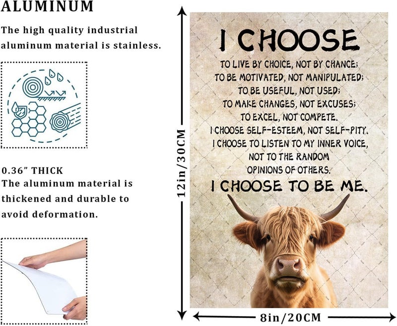 Cusde Highland Cow Metal Tin Sign I Choose To Be Me Wall Decor Motivational Inspirational Quotes Wall Art Retro Decor Vintage Decoration Posters Gifts for Bar Pub Bedroom Living Room 12x8 Inches - Image 2