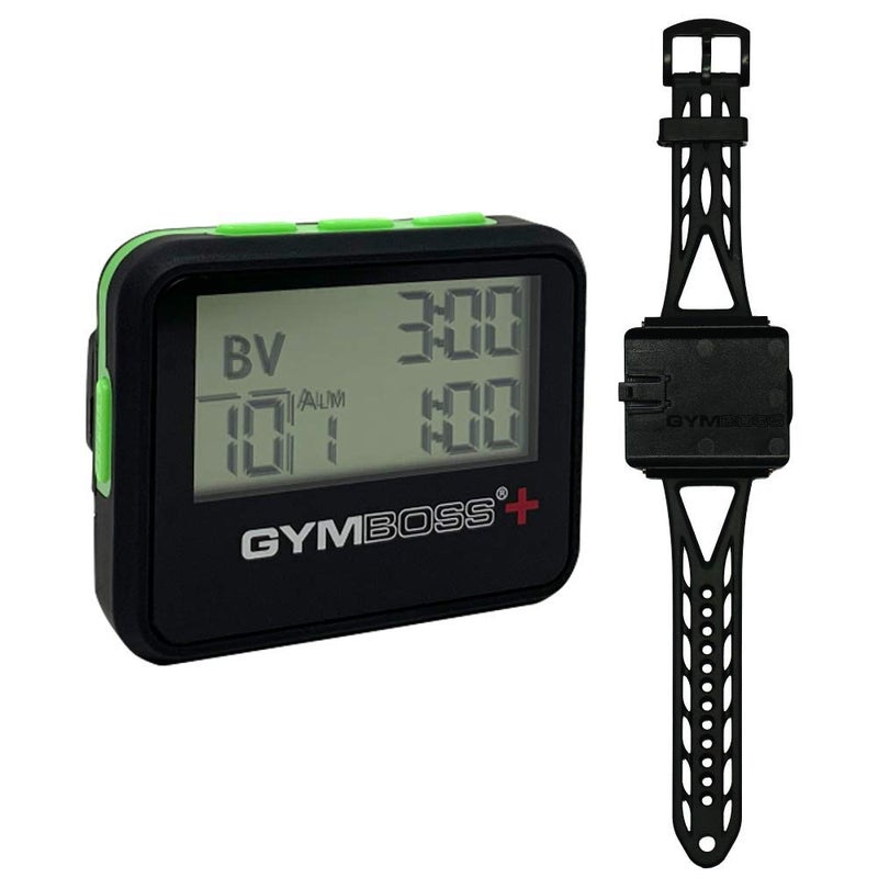 Gymboss جيمبوس بلس مؤقت الفواصل وساعة توقيت وحزام جيمبوس - حزمة (أسود مع أزرار خضراء) - Image 1