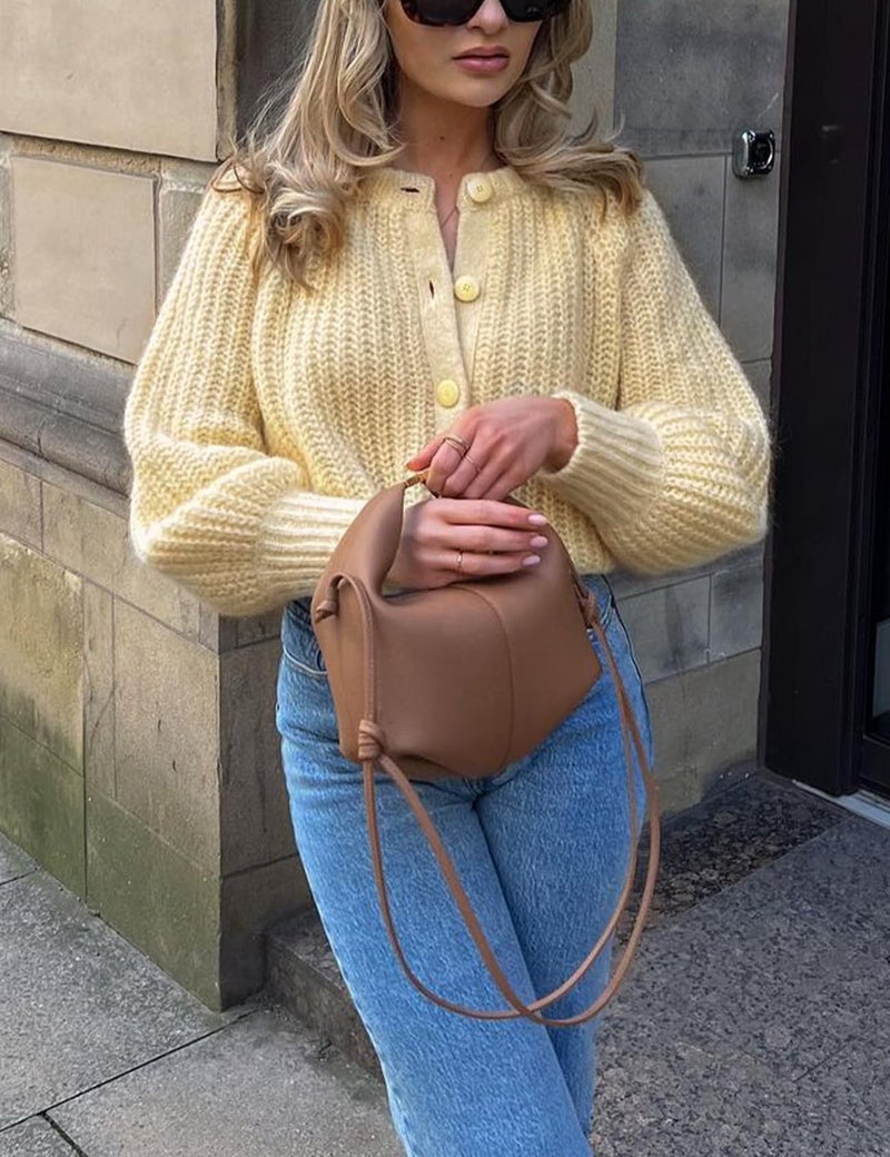 VDWIP Women's Cardigan Sweaters Button Down Open Front Chunky Cardigan Long Sleeve Cropped Y2k Knit Outerwear(Yellow-S) - Image 2