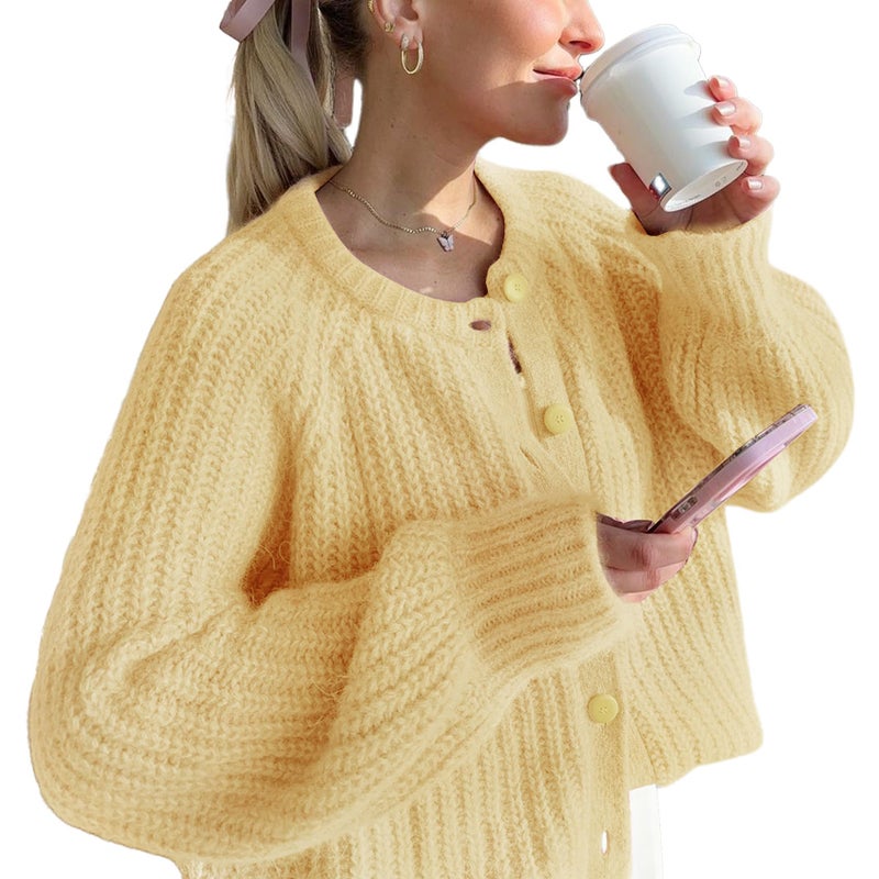 VDWIP Women's Cardigan Sweaters Button Down Open Front Chunky Cardigan Long Sleeve Cropped Y2k Knit Outerwear(Yellow-S) - Image 1