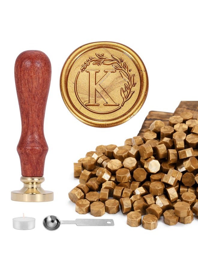 Yoption Letter Wax Seal Kit, Vintage Initial Alphabet K With Wreath Stamp and 120 Antique Gold Seal Beads - Image 1