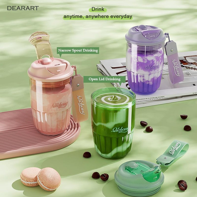 DEARART 14oz Coffee Cup Water Bottle Cute Design, One Hand Leak Proof TRITAN Material, Narrow Spout Clear Bottle with Buckle, Suit Office School Yoga Travel, Pink - Image 5