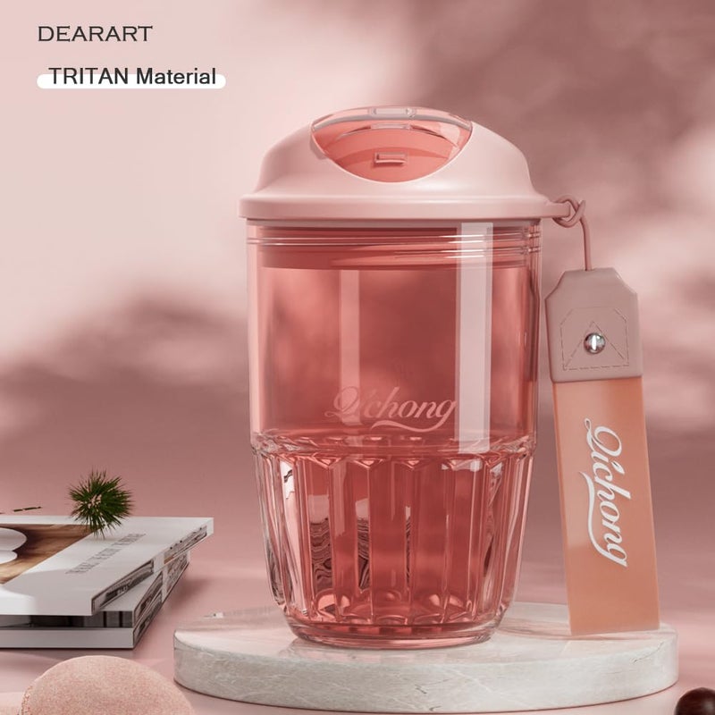 DEARART 14oz Coffee Cup Water Bottle Cute Design, One Hand Leak Proof TRITAN Material, Narrow Spout Clear Bottle with Buckle, Suit Office School Yoga Travel, Pink - Image 4