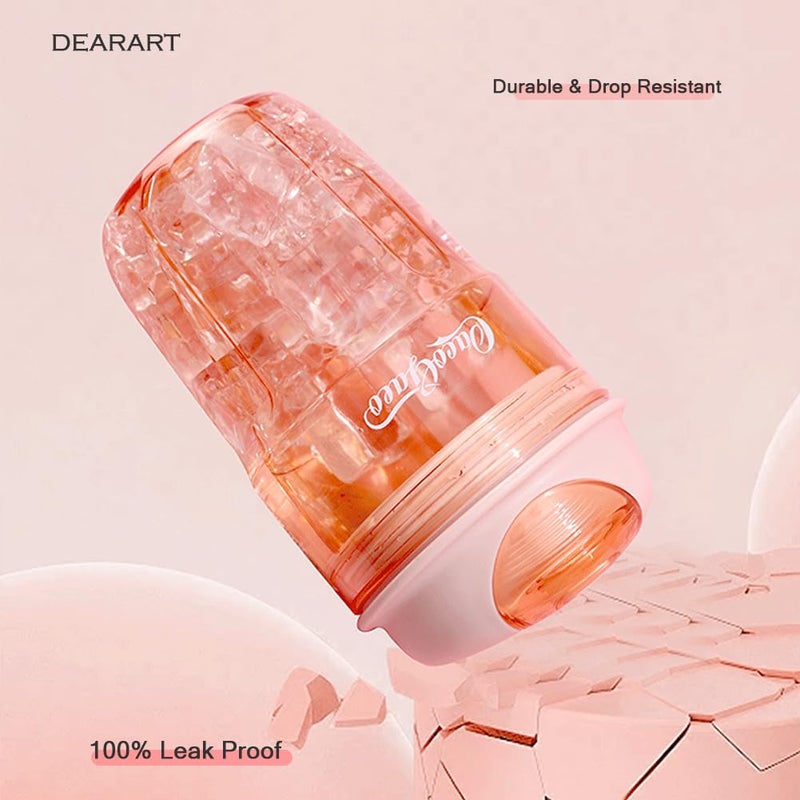 DEARART 14oz Coffee Cup Water Bottle Cute Design, One Hand Leak Proof TRITAN Material, Narrow Spout Clear Bottle with Buckle, Suit Office School Yoga Travel, Pink - Image 2