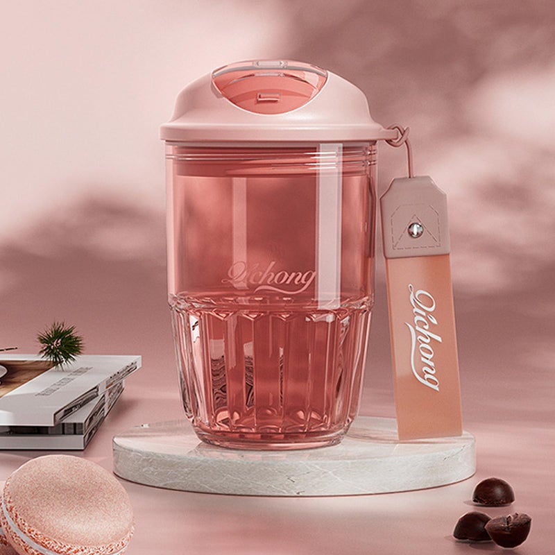 DEARART 14oz Coffee Cup Water Bottle Cute Design, One Hand Leak Proof TRITAN Material, Narrow Spout Clear Bottle with Buckle, Suit Office School Yoga Travel, Pink - Image 1