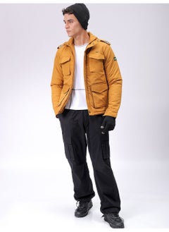 The Indian Garage Co Mens Dark Mustard Slim Fit Utility Hooded Zipper Placket Flap Pocket Winter Jacket  - Image 1
