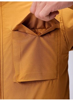 The Indian Garage Co Mens Dark Mustard Slim Fit Utility Hooded Zipper Placket Flap Pocket Winter Jacket  - Image 2