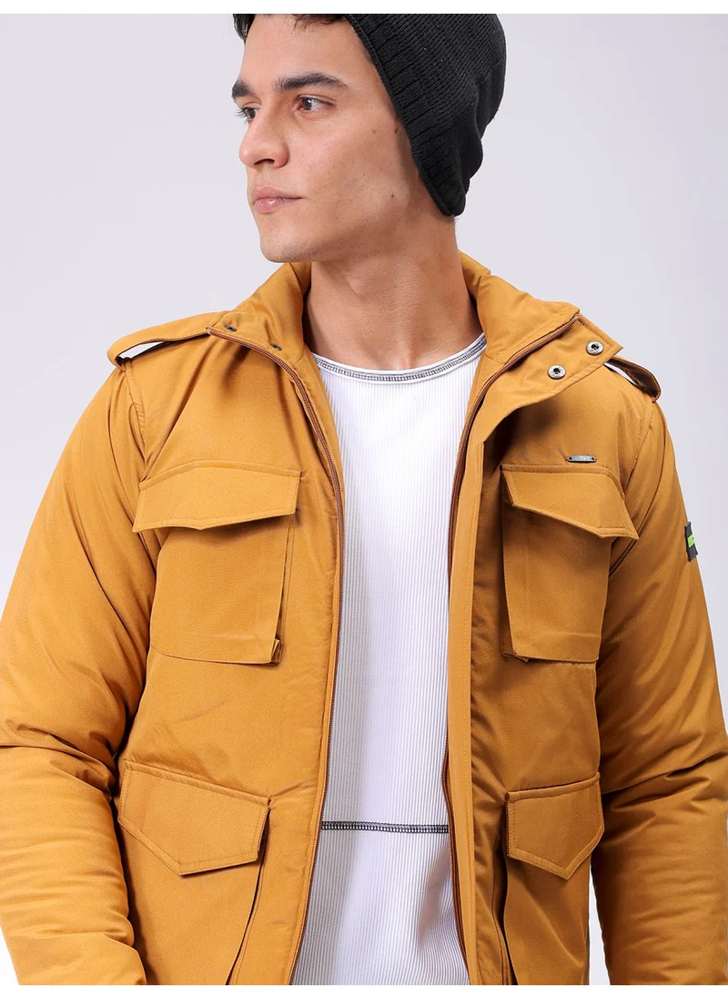 شركة المرآب الهندية Mens Dark Mustard Slim Fit Utility Hooded Zipper Placket Flap Pocket Winter Jacket