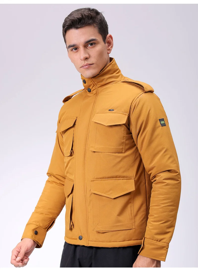 شركة المرآب الهندية Mens Dark Mustard Slim Fit Utility Hooded Zipper Placket Flap Pocket Winter Jacket