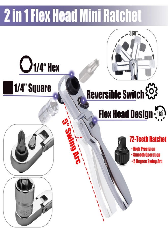 ياكاموز مفتاح ربط YAKAMOZ Flex Head Mini Ratchet، مفك براغي صغير ذو زاوية قائمة قابل للعكس، 2 في 1، 72 سنًا، مفتاح ربط سقاطة بمقبس 1/4 بوصة للمساحات الضيقة - Image 4
