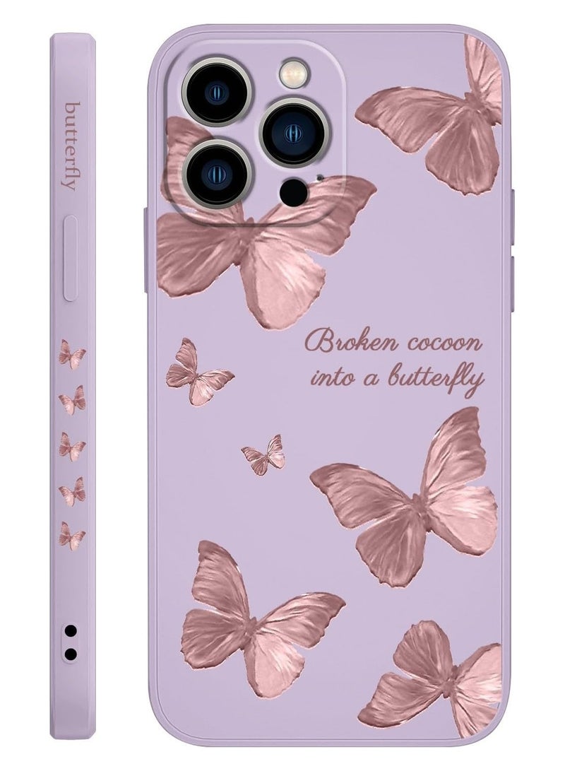غطاء هاتف iPhone 13 Pro Max بتصميم زهرة فراشة فضائية لطيفة، مع بطانة من الألياف الدقيقة الناعمة وهيكل سائل سيليكون رفيع. الغطاء متوفر باللون الأرجواني الفاتح. - Image 1
