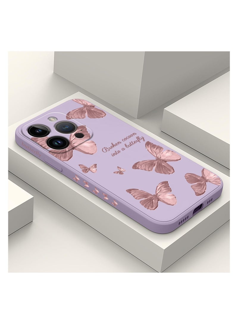 غطاء هاتف iPhone 13 Pro Max بتصميم زهرة فراشة فضائية لطيفة، مع بطانة من الألياف الدقيقة الناعمة وهيكل سائل سيليكون رفيع. الغطاء متوفر باللون الأرجواني الفاتح. - Image 2