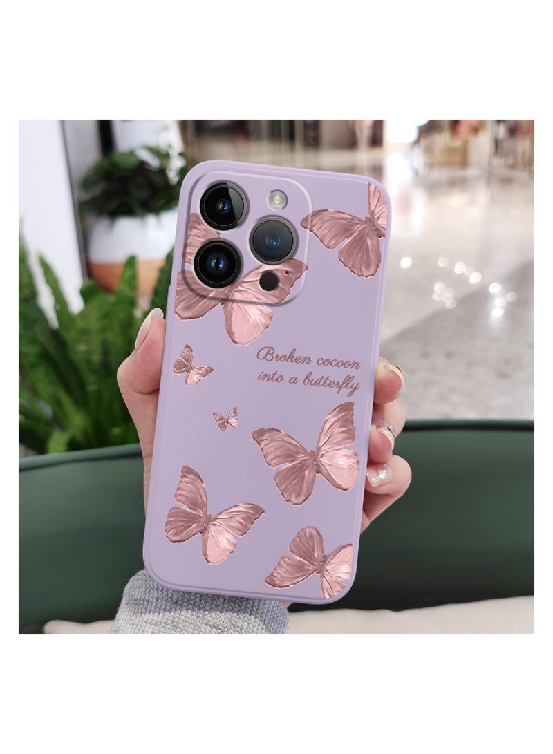 غطاء هاتف iPhone 13 Pro Max بتصميم زهرة فراشة فضائية لطيفة، مع بطانة من الألياف الدقيقة الناعمة وهيكل سائل سيليكون رفيع. الغطاء متوفر باللون الأرجواني الفاتح. - Image 3