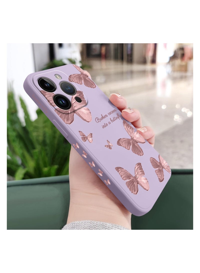غطاء هاتف iPhone 13 Pro Max بتصميم زهرة فراشة فضائية لطيفة، مع بطانة من الألياف الدقيقة الناعمة وهيكل سائل سيليكون رفيع. الغطاء متوفر باللون الأرجواني الفاتح. - Image 4