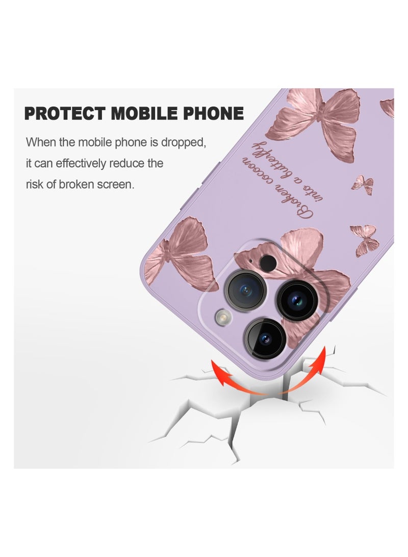 غطاء هاتف iPhone 13 Pro Max بتصميم زهرة فراشة فضائية لطيفة، مع بطانة من الألياف الدقيقة الناعمة وهيكل سائل سيليكون رفيع. الغطاء متوفر باللون الأرجواني الفاتح. - Image 5