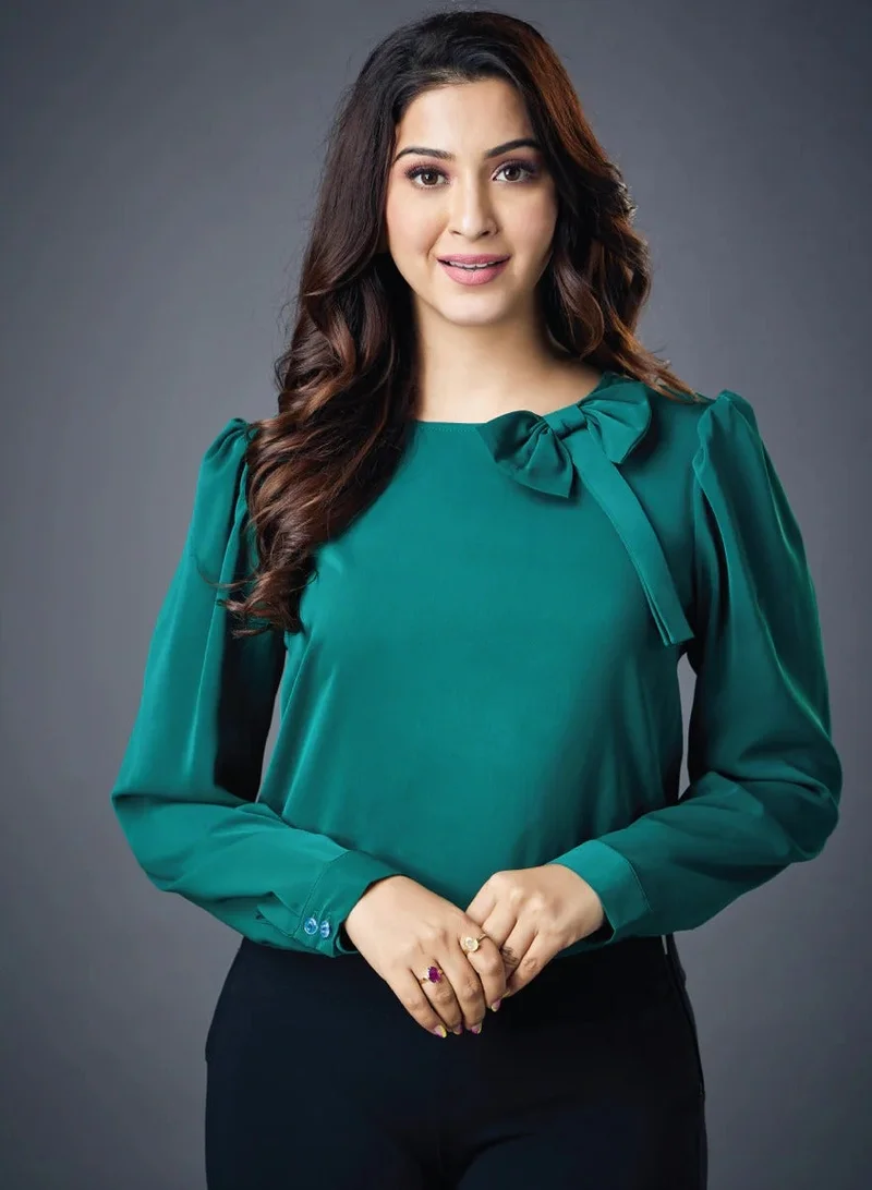 زجزاج العنق القوس الصلبة الشيفون كم طويل الأعلى الأخضر