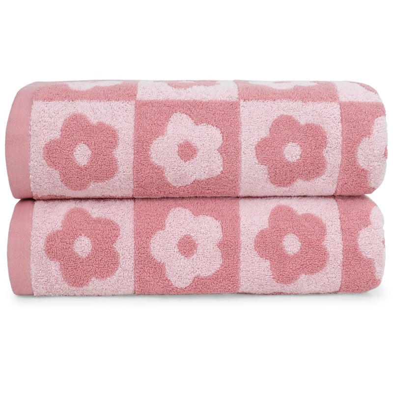 2Pieces Luxury Bath Towels Checkered Floral Pink Towels for Women Girls Shower Body 275x55 Inches Cute Decor for Bathroom  Pool Days Cotton