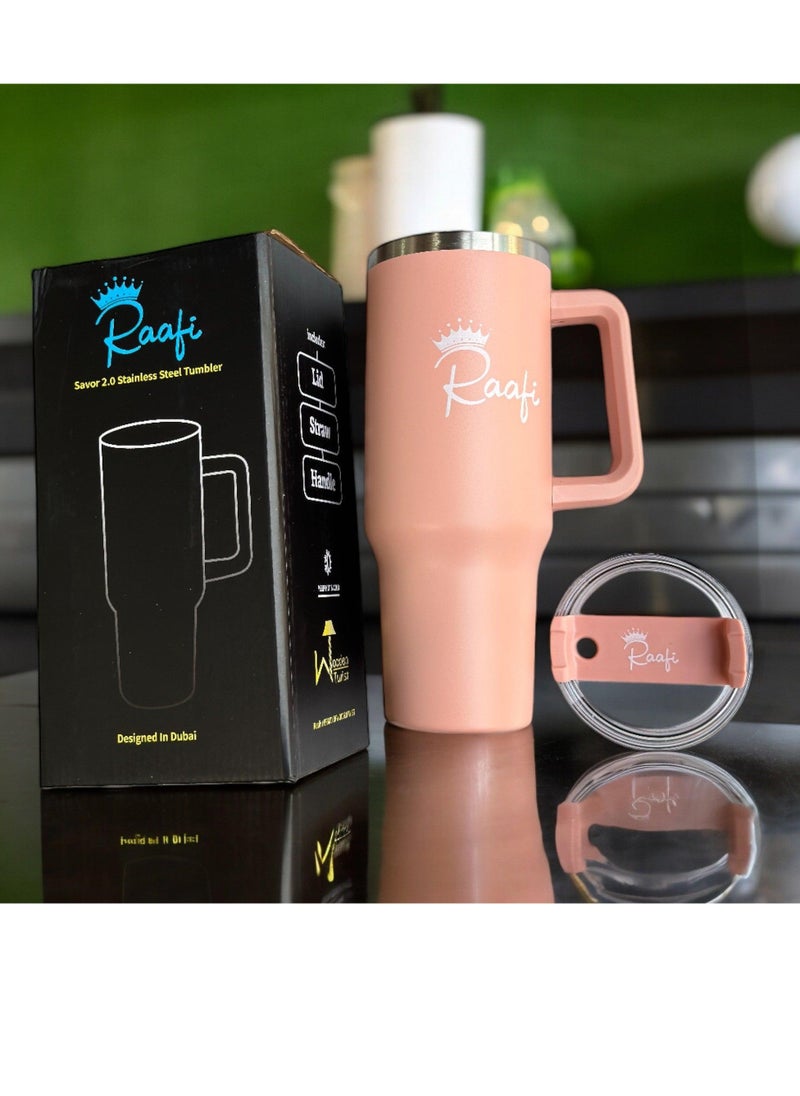 Wooden Twist - Raafi Savor 2.0 Tumbler 40oz With Handle Travel Mug Straw Covers Cup With Lid Insulated Quencher Stainless Steel Water Iced Tea Coffee Mug (Pink) - Image 1