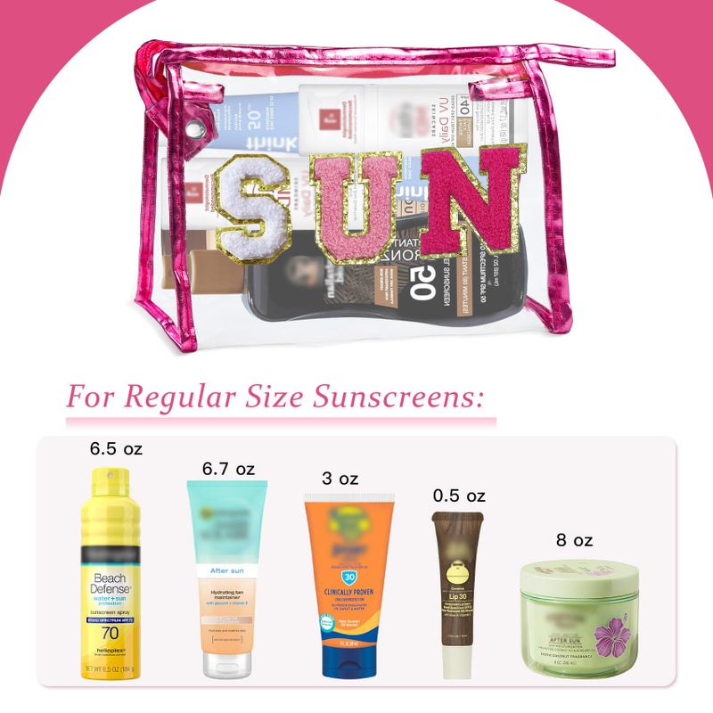 COSHAYSOO Sunscreen Bag Clear Makeup Toiletry Pouch Small for Women Teen Girls Beach Bogg Bags Accessories Face Sunscreens Spf 50 Sunblock Suncream Tan Tanning Lotion Summer Things Essentials Pink SUN - Image 4