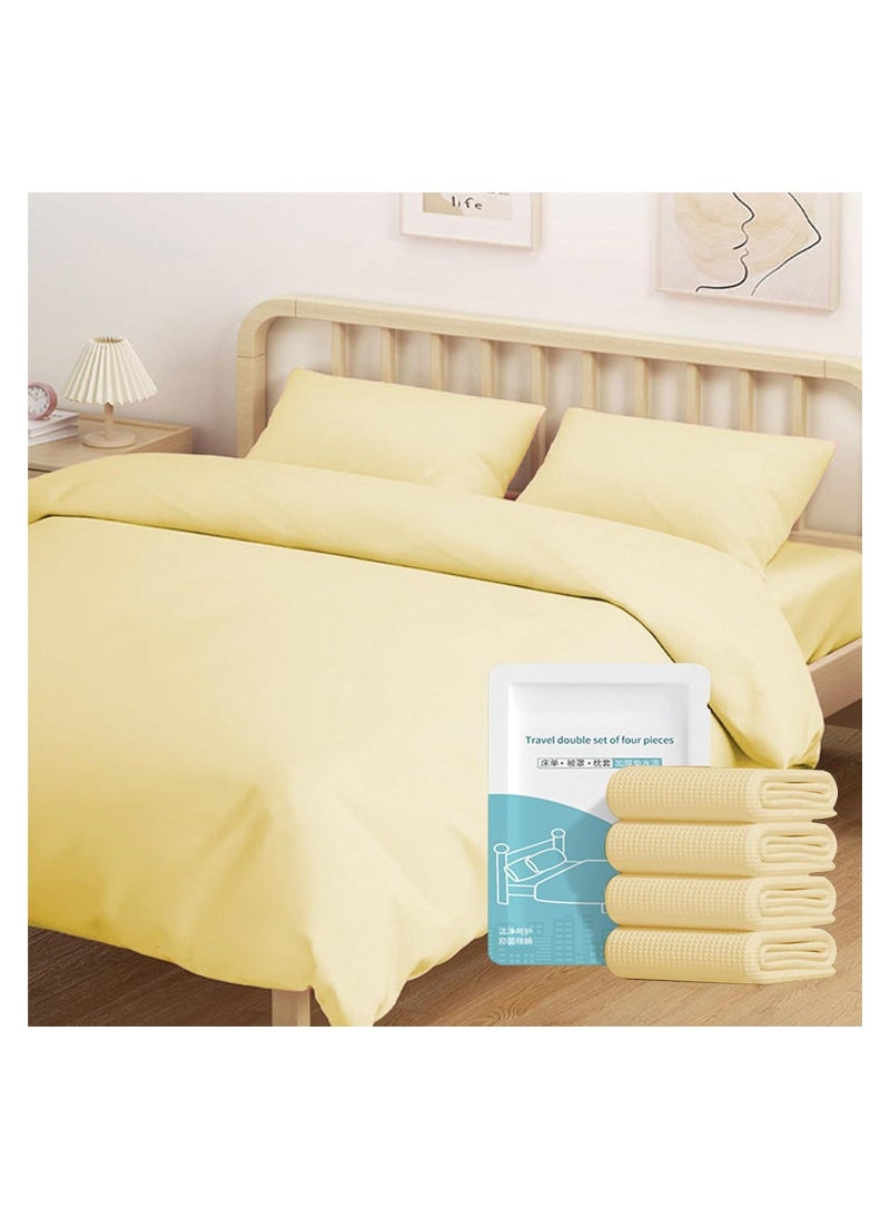 Disposable Bedding Set, for Travel & Emergency, Includes Bed Sheets, Quilt Cover, Pillow Case, and Bedspread, Thickened Material, Portable & Hygienic, Double Bed Size, Yellow, 4-Piece Set - Image 1