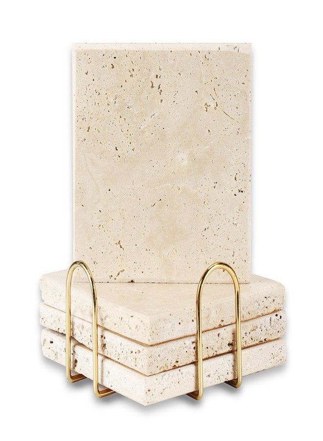 DASSNANE 4pcs 4" Travertine Marble Coasters for Drinks Natural Coasters Set,Square of Stone Drink with Gold Cup Holder,Non Slip Cork Backing,Protect Tables from Stains Scratches Housewarming Gift, Wedding - Image 1