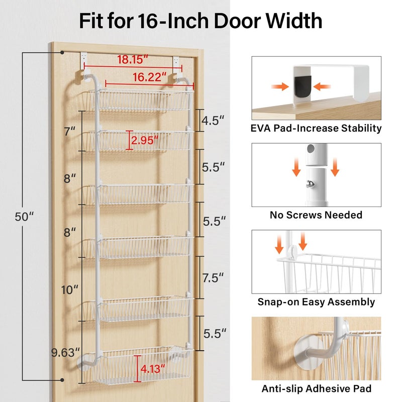 Delamu Large Over the Door Pantry Organizer, 6-Tier Metal Pantry Door Organization and Storage for Easy Install, Hanging Spice Rack Seasoning Shelves for Cabinet & Kitchen, D6.7xW17.5xH53.7 in, White - Image 3