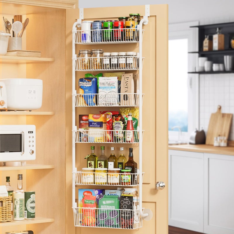 Delamu Large Over the Door Pantry Organizer, 6-Tier Metal Pantry Door Organization and Storage for Easy Install, Hanging Spice Rack Seasoning Shelves for Cabinet & Kitchen, D6.7xW17.5xH53.7 in, White - Image 1