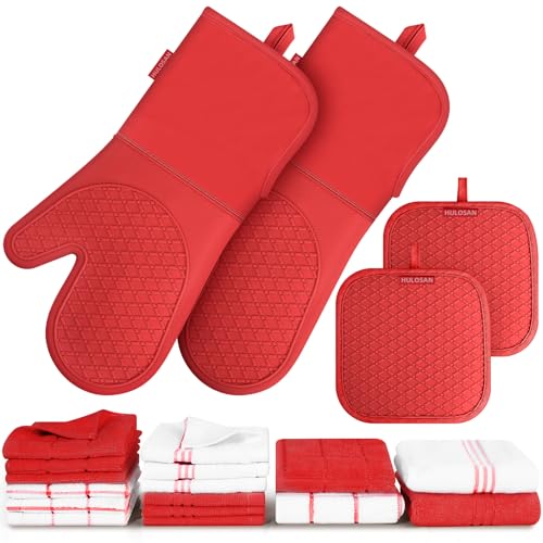 HULOSAN Silicone Oven Mitts Pot Holder Kitchen-Towels100% Cotton Dish Towels for Kitchen,Super Soft and Absorbent Kitchen Hand Towels/Tea Towels.Pot Holder,Oven Mitt Heat Resistant,Silicone Grip,Gift Set - Image 1