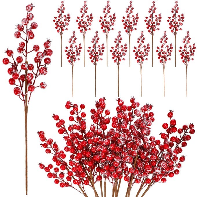 12 PCS CHRISTMAS ARTIFICIAL FROSTED BERRY PICKS 16 INCH SNOWY RED BERRY BRANCHES TREE BERRY STEMS HOLLY BERRY SPRAY TWIG BRANCHES FOR CHRISTMAS TREE DECORATIONS DIY CRAFTS DECOR TABLE CENTERPIECES
