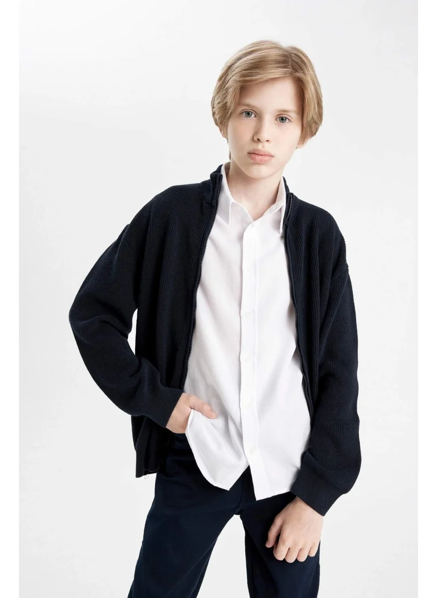 DeFacto Boy's Stand Collar Ribbed Zippered Navy Blue Knit School Cardigan X5975A624AU