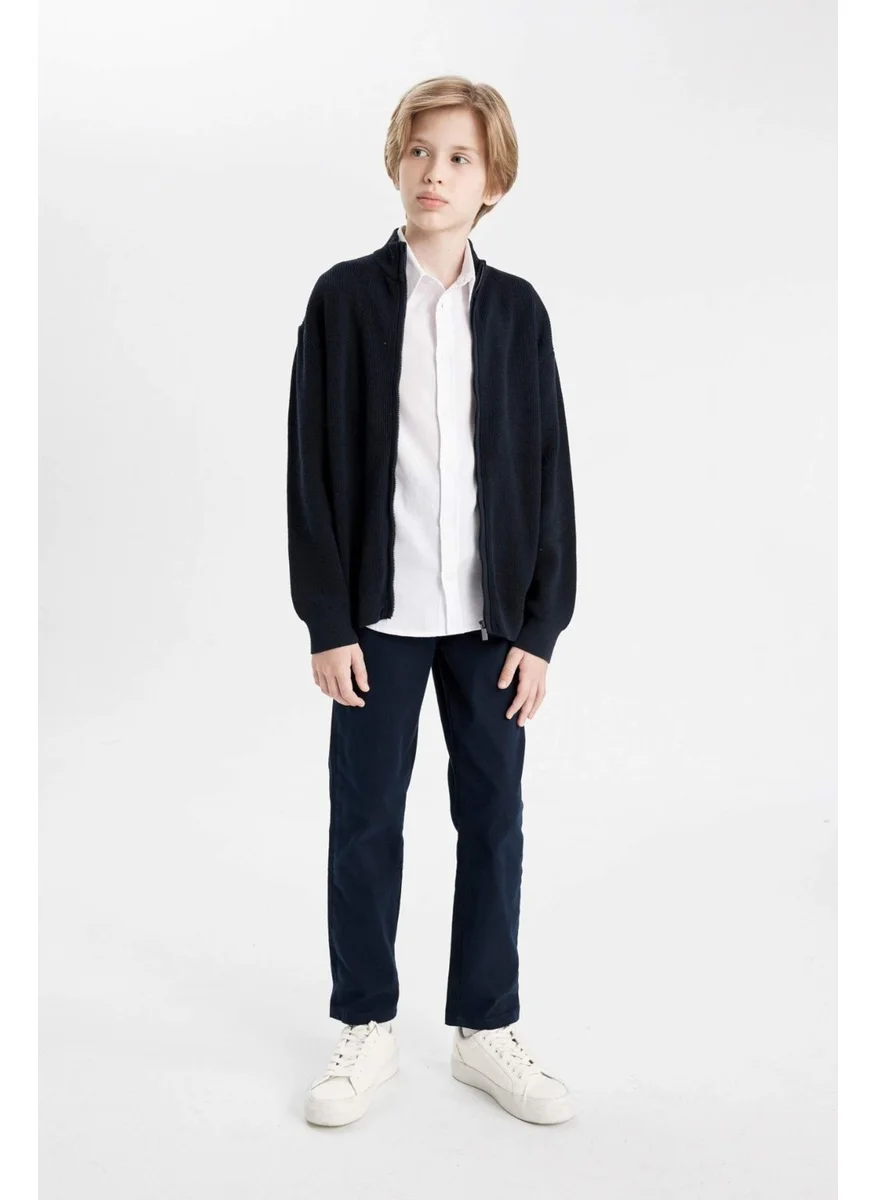 DeFacto Boy's Stand Collar Ribbed Zippered Navy Blue Knit School Cardigan X5975A624AU