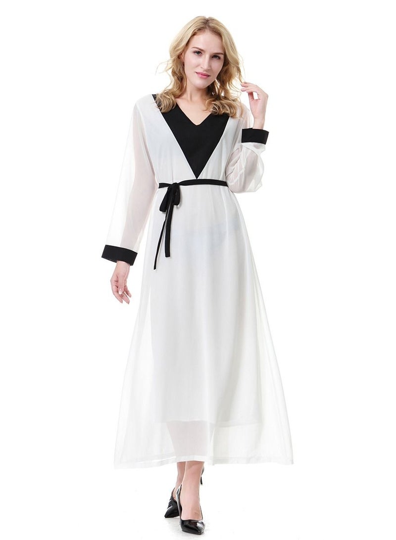 Loquat Women's V-Neck Chiffon Dress Long Sleeves Robe White/Black  - Image 1