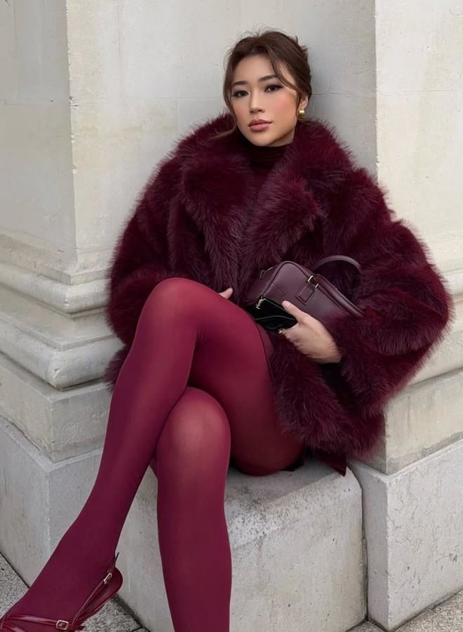 Yimoon Womens Faux Fur Coat Fluffy Jacket Long Sleeve Lapel Furry Warm Winter Shaggy Parka Short Coat with Pockets, Winered, XL - Image 5