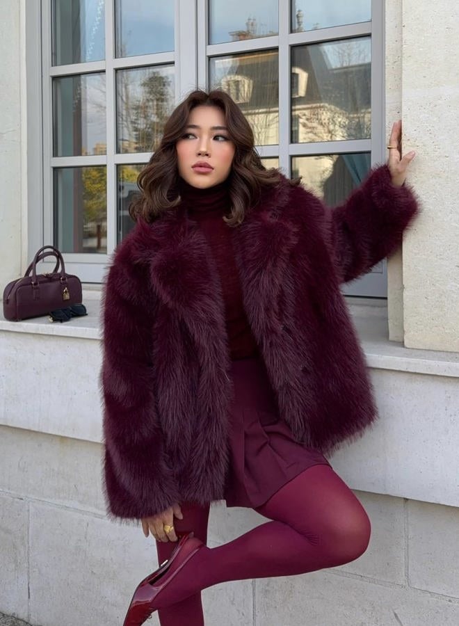 Yimoon Womens Faux Fur Coat Fluffy Jacket Long Sleeve Lapel Furry Warm Winter Shaggy Parka Short Coat with Pockets, Winered, XL - Image 2