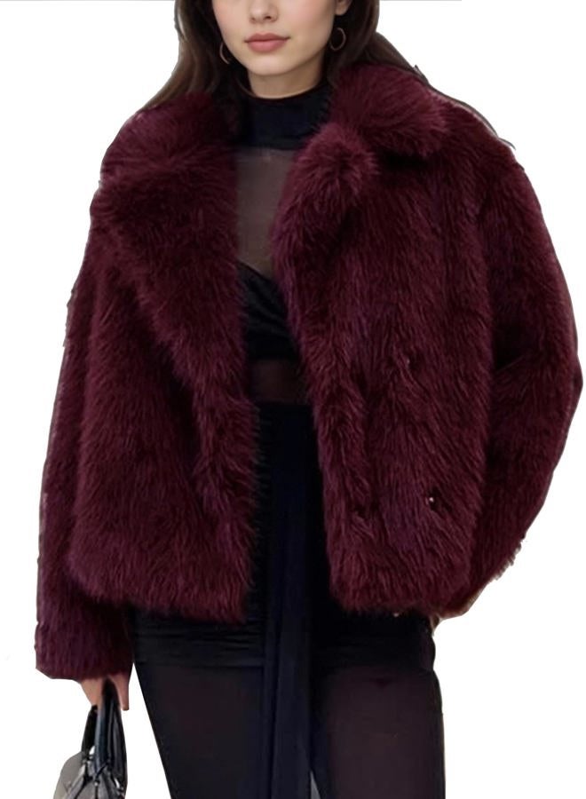 Yimoon Womens Faux Fur Coat Fluffy Jacket Long Sleeve Lapel Furry Warm Winter Shaggy Parka Short Coat with Pockets, Winered, XL - Image 1
